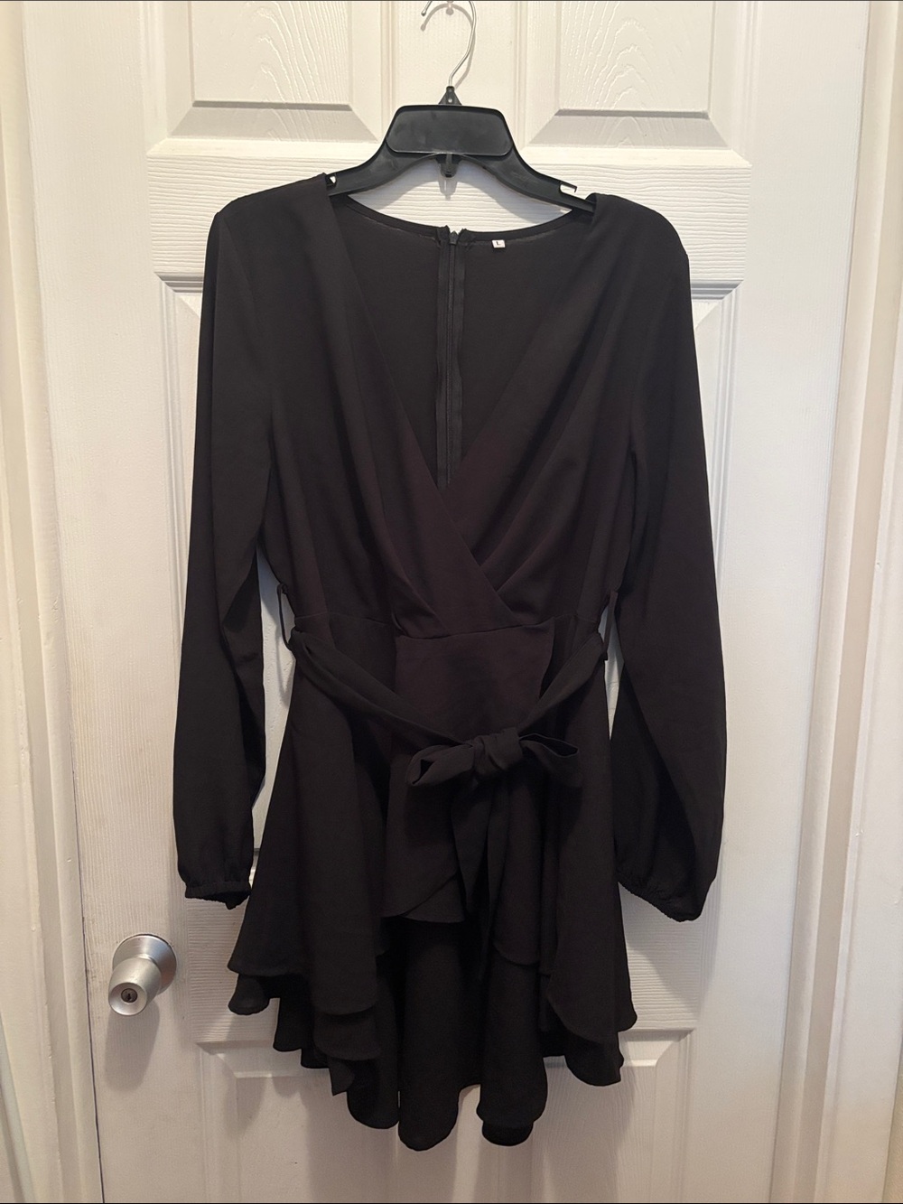 Source Unknown Black Long-Sleeve Wrap Mini Dress with Tie Waist